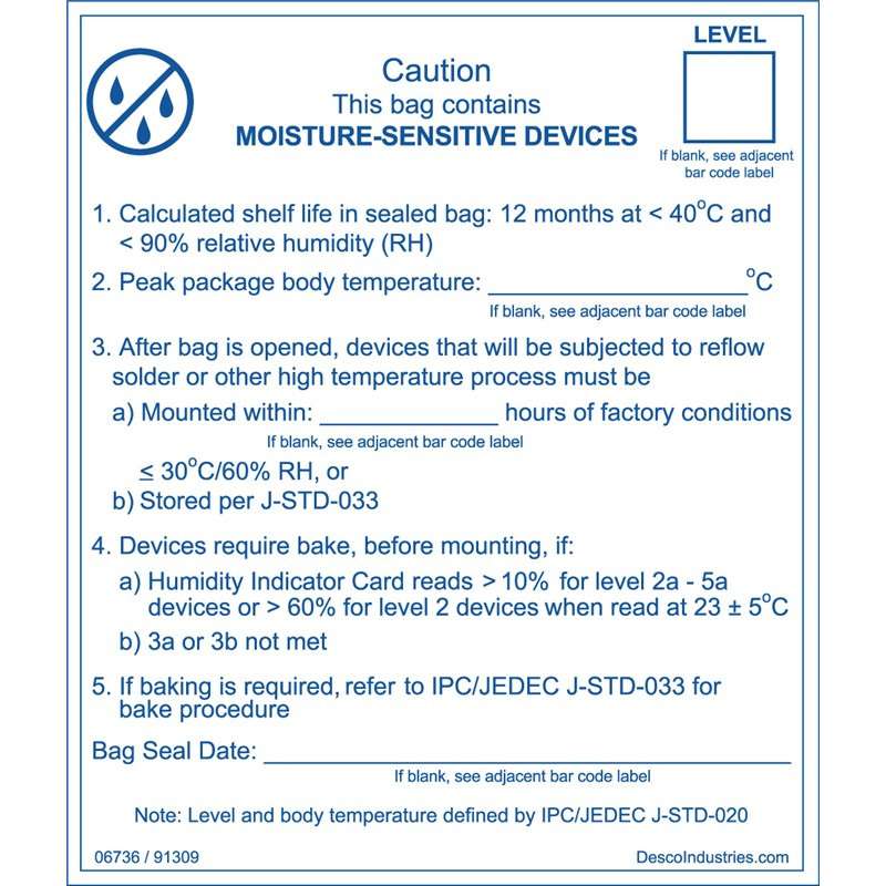 JEDEC Moisture Sensitive Caution Label, 3-1/4 x 3-3/4", 100 per Roll
